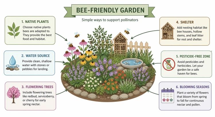 infographic showing key elements to attract bees and pollinators to your garden including forage plants, water, nesting structure, and pesticide-free zones