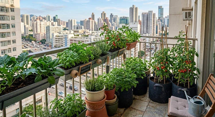 balcony vegetable garden for beginners with containers and vertical planters on an urban balcony