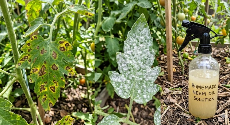 common vegetable plant diseases and treatment — diseased tomato and pepper leaves showing blight and mildew symptoms