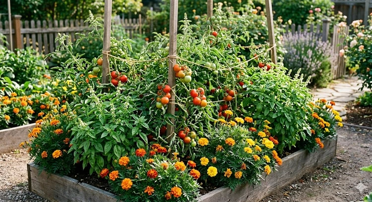 companion planting guide vegetables showing tomatoes and basil growing together in a raised garden bed