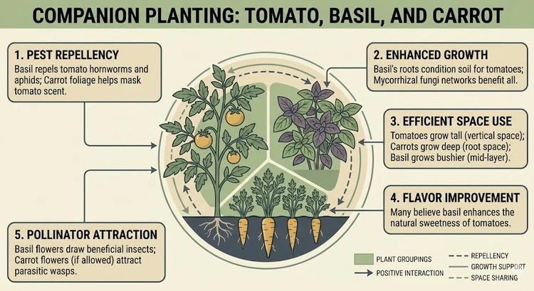 companion planting guide vegetables infographic showing plant pairing combinations, compatibility chart, and Three Sisters diagram