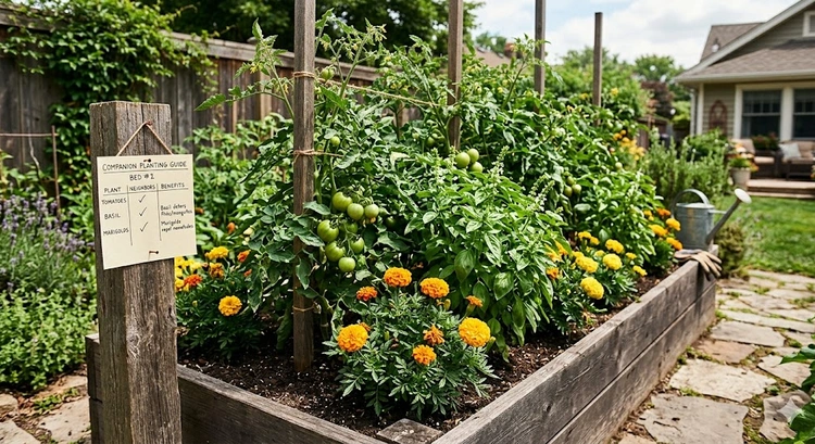 Companion planting vegetables showing tomatoes, basil, and marigolds growing together in a raised garden bed
