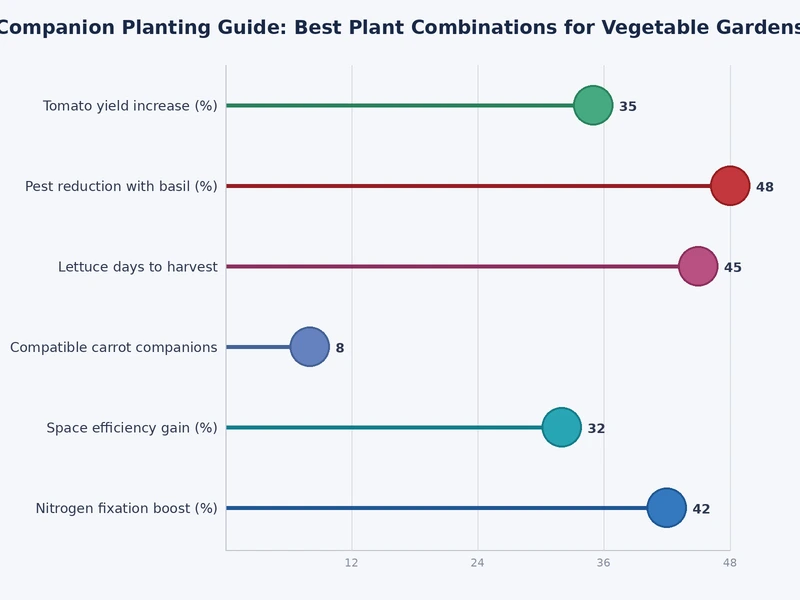 Companion planting vegetables benefit matrix showing documented effects of common pairings across pest control, yield, and soil health