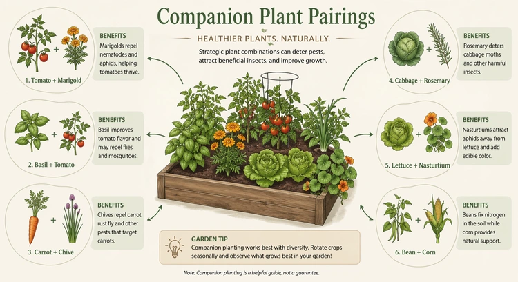 Infographic diagram of companion planting vegetables guild layers showing canopy, mid-story, ground cover, and root zone with seasonal planting sequence
