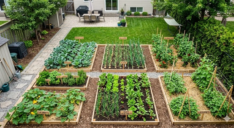 crop rotation for home vegetable garden four-bed layout showing plant families assigned to each plot