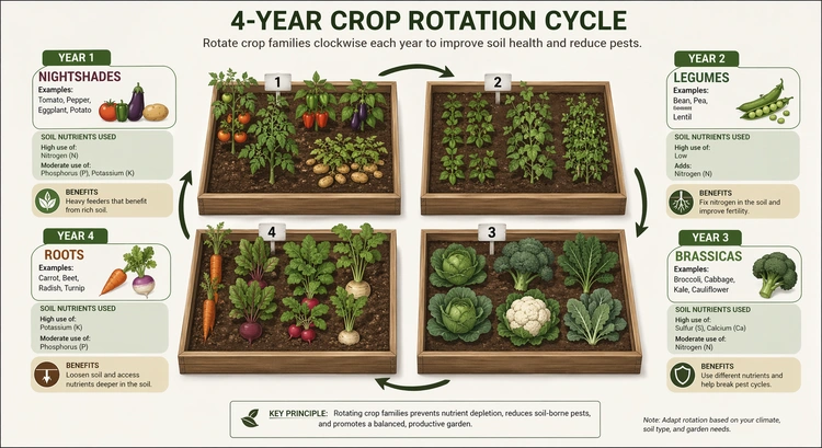 infographic of four-year crop rotation cycle for home vegetable gardens with soil effect labels for each phase