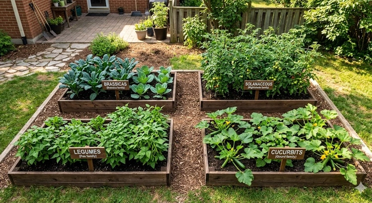 crop rotation home vegetable garden layout showing four plant family zones in raised beds