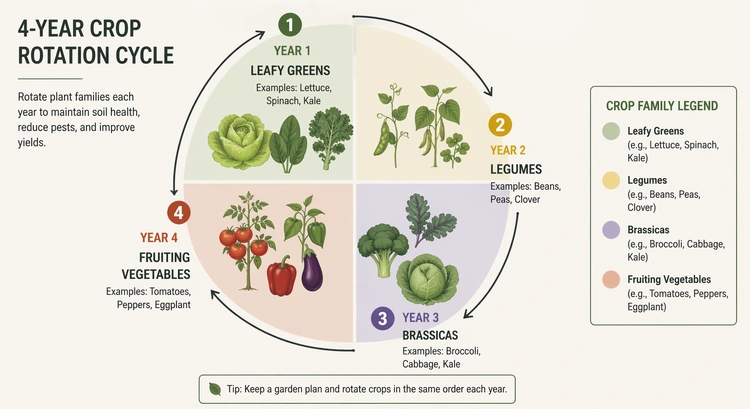 crop rotation home vegetable garden infographic showing family groupings, rotation sequence, and soil benefits