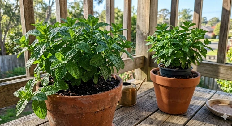 Growing mint in pots in terracotta and plastic containers on a sunny patio