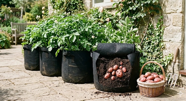 Growing potatoes in grow bags on a residential patio with healthy green foliage emerging from fabric containers