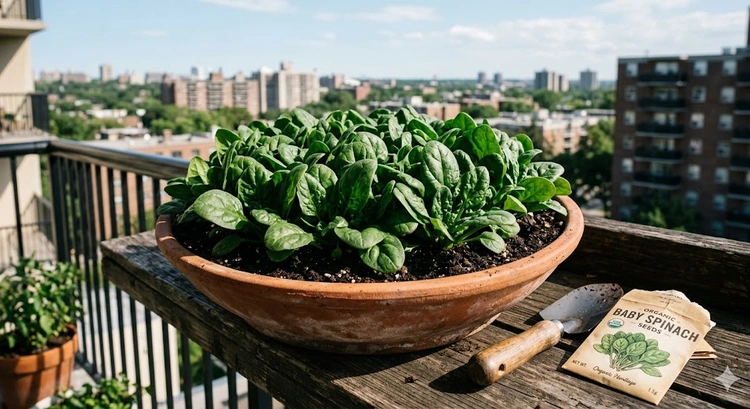 Growing spinach in containers on a shaded balcony with healthy green leaves