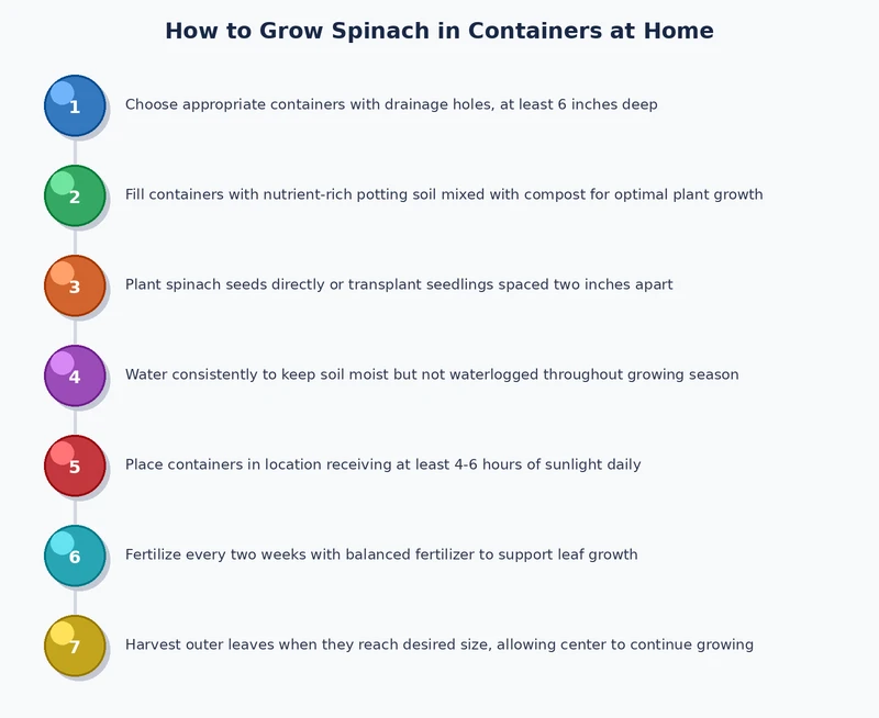 Process diagram showing the steps of growing spinach in containers from seed sowing to harvest