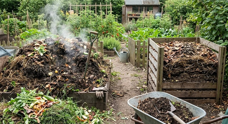Hot composting vs cold composting side by side in a backyard garden setting