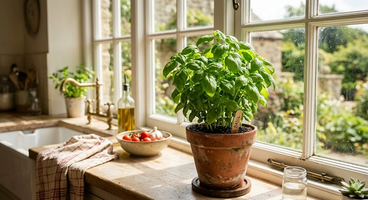 how to grow basil indoors in a bright windowsill pot with lush green leaves