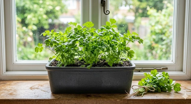 how to grow coriander at home in pots — seedlings in a deep terracotta pot on a sunny windowsill