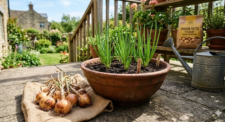 how to grow onions in pots showing bulbs forming in a fabric grow bag on a sunny patio