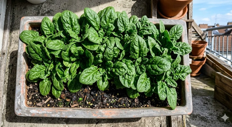 how to grow spinach at home in pots — seedlings growing in terracotta containers on a sunny balcony