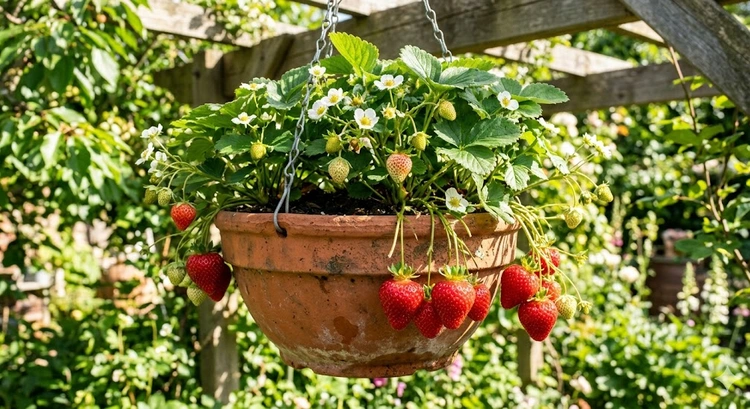 how to grow strawberries in pots at home showing ripe red strawberries in terracotta containers on a sunny balcony