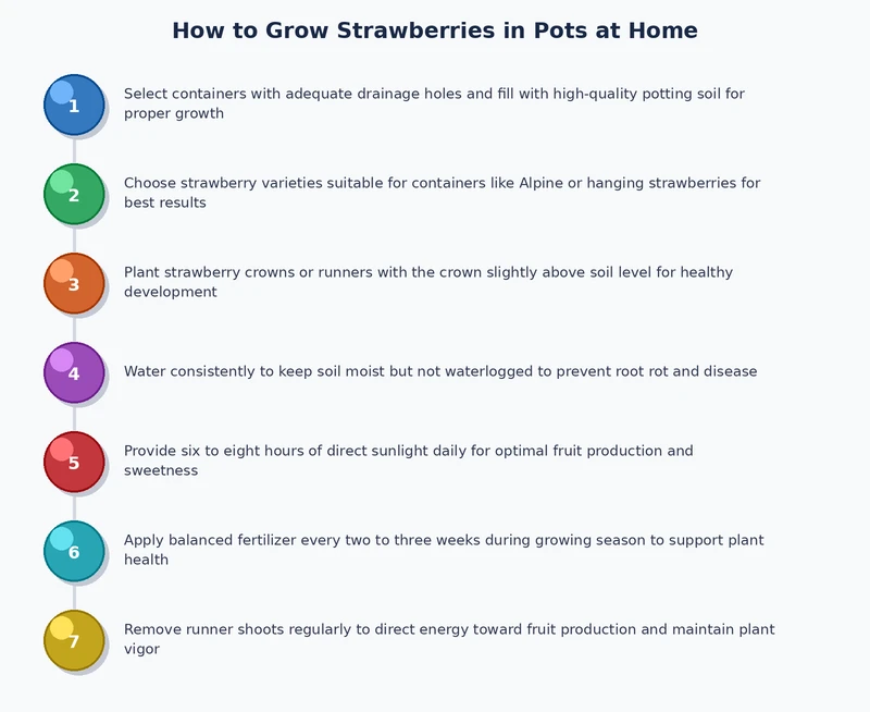process diagram showing step-by-step how to grow strawberries in pots at home from soil preparation to harvest