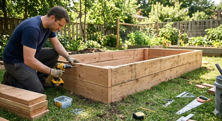 DIY raised garden bed built from cedar wood boards in a backyard garden