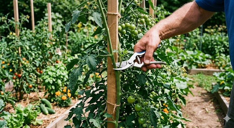 Hands pruning tomato plant suckers for maximum yield