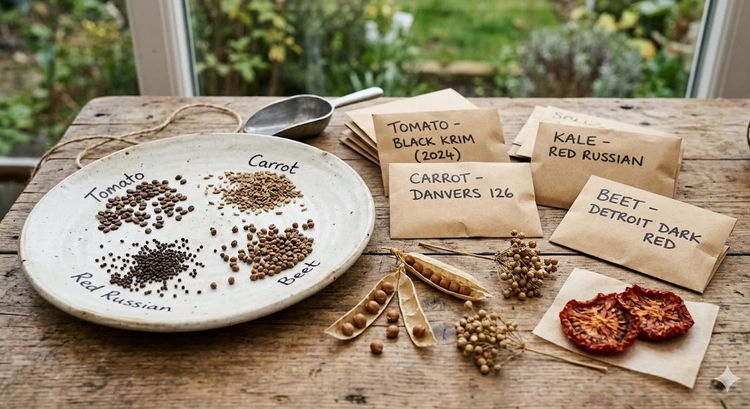 how to save seeds from vegetables — dried heirloom seed pods and flower heads spread on a wooden surface for processing