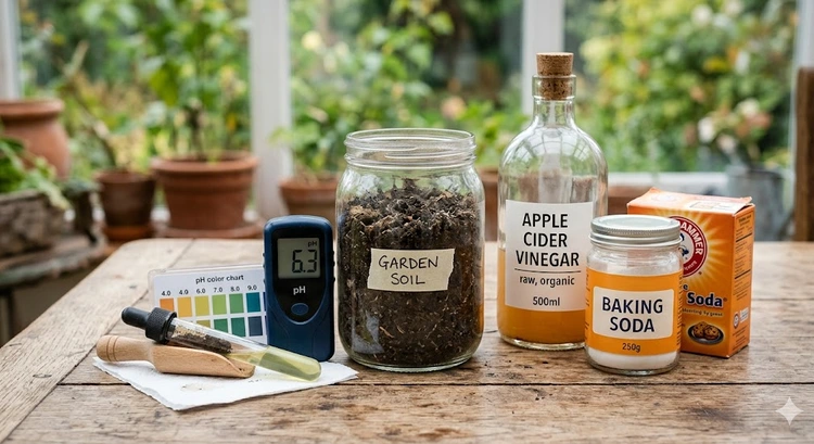 how to test soil pH at home using vinegar baking soda and pH strips on a wooden garden table