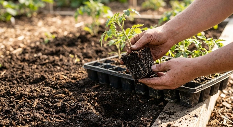 hands carefully transplanting seedlings into garden soil without killing them