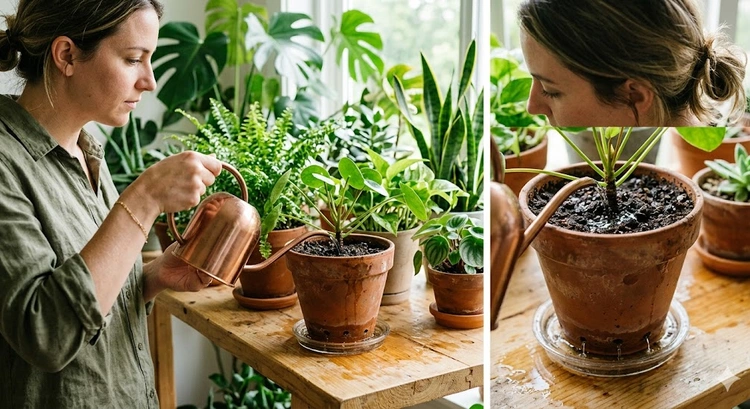 How to water indoor plants correctly — pressing finger into soil to check moisture before watering a pothos