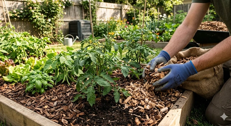 Mulching for plants benefits — wood chip mulch applied around vegetable garden beds