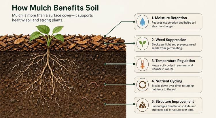 Infographic showing mulching for plants benefits including moisture retention, weed suppression, temperature regulation, and soil enrichment