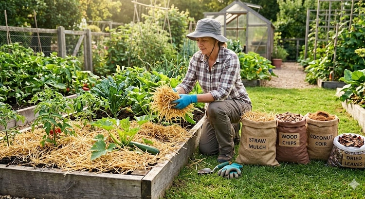 Mulching garden plants with organic wood chip mulch applied correctly around vegetable beds