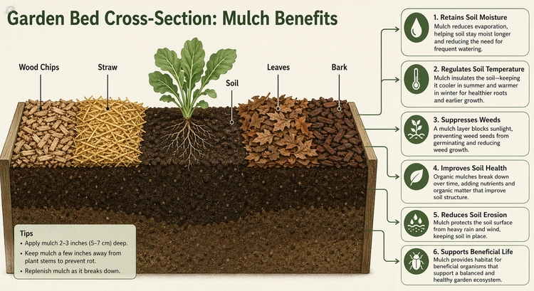 Infographic comparing mulching garden plants materials, application depths, and seasonal timing guide