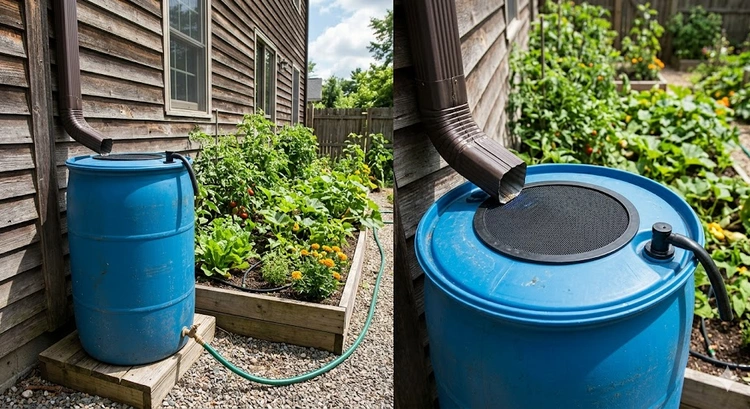 rainwater harvesting for garden — barrel and gutter diverter system beside a raised vegetable bed