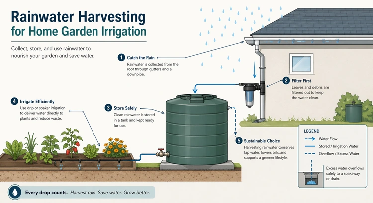 infographic diagram of rainwater harvesting for garden system from roof catchment to drip irrigation bed