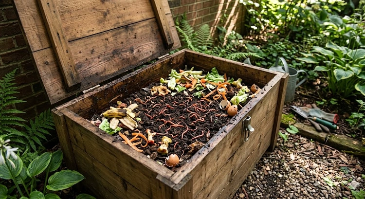 worm composting at home for beginners — red wiggler bin with bedding and food scraps